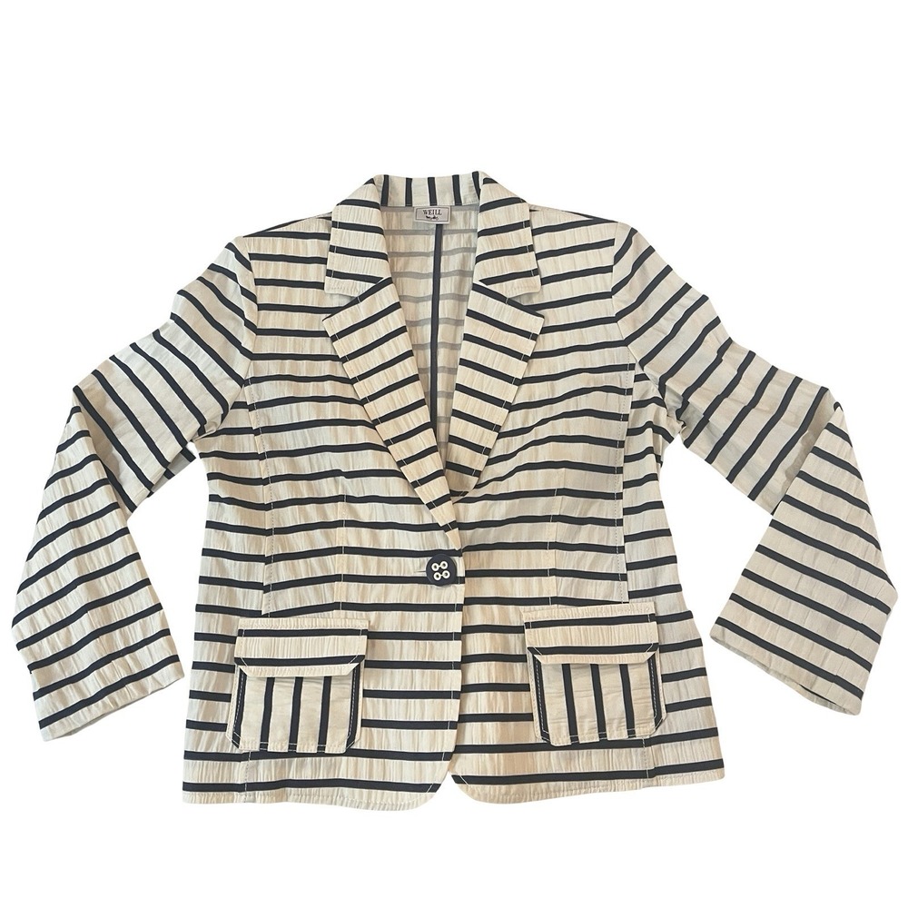 NWOT Weill Women's Size US 12 Blazer Navy Ivory Stripe 100% Cotton Preppy Career